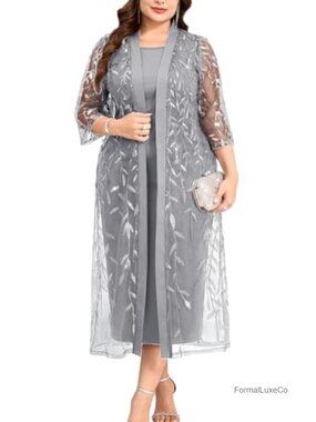 Plus Size 2 Piece Sequin Cardigan Midi Dress Set Formal Wedding Guest